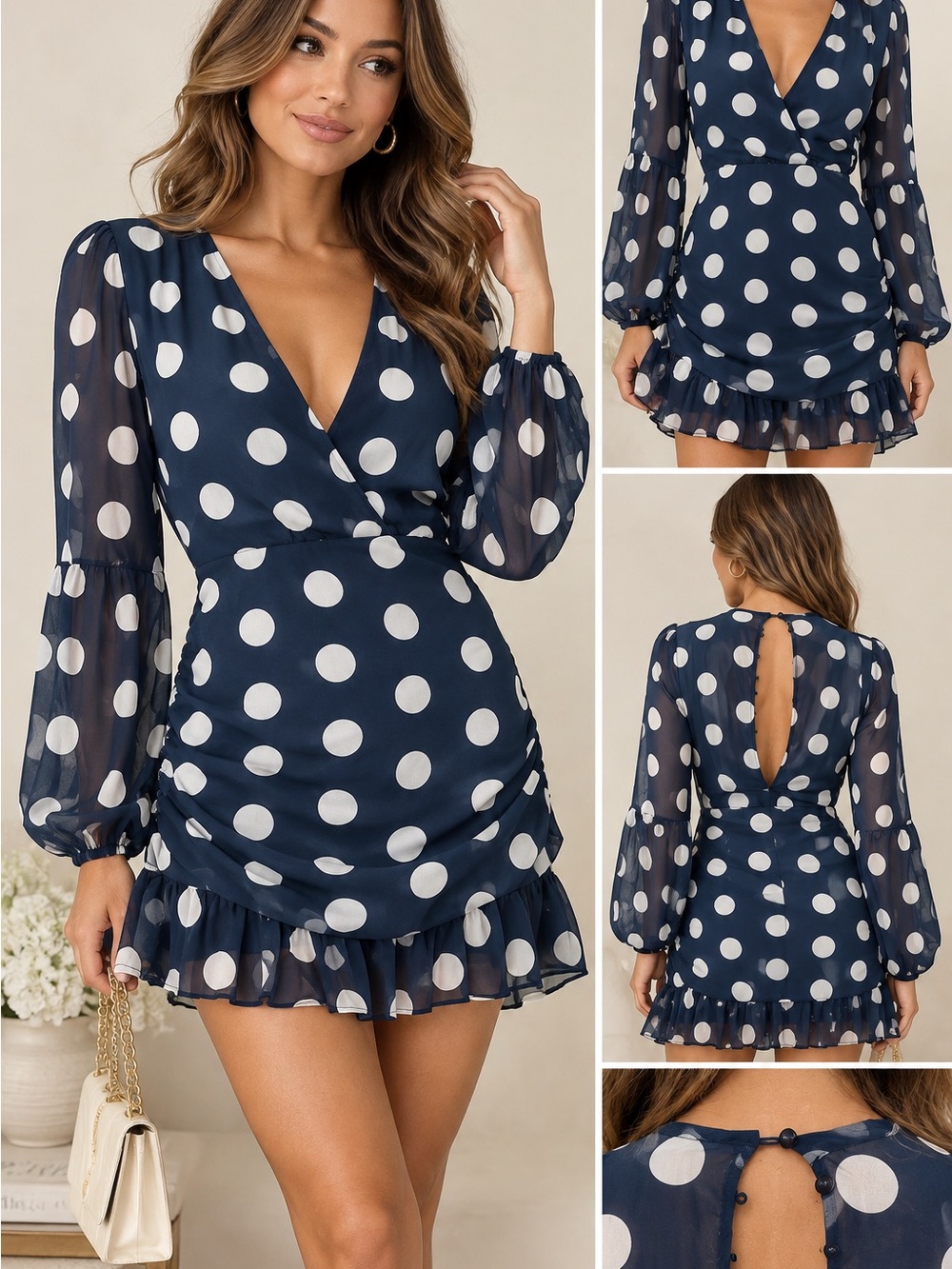 Women's Navy Polka Dot Wrap Mini Dress
